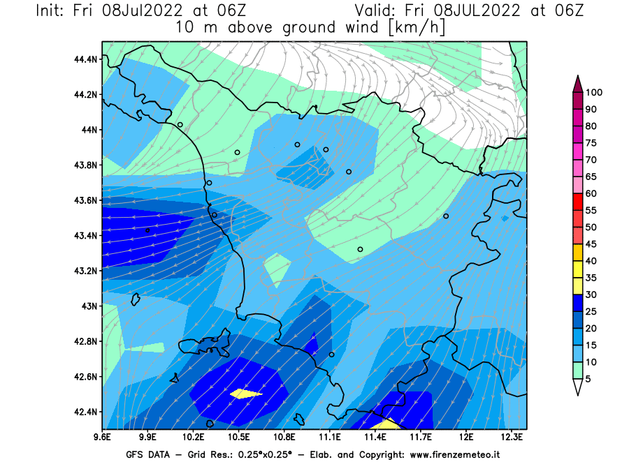 Mappa di analisi GFS - Velocità del vento a 10 metri dal suolo [km/h] in Toscana
							del 08/07/2022 06 <!--googleoff: index-->UTC<!--googleon: index-->