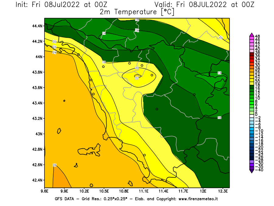 Mappa di analisi GFS - Temperatura a 2 metri dal suolo [°C] in Toscana
							del 08/07/2022 00 <!--googleoff: index-->UTC<!--googleon: index-->