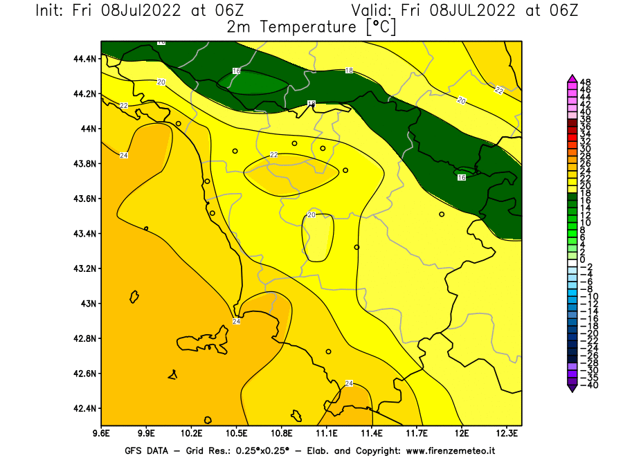 Mappa di analisi GFS - Temperatura a 2 metri dal suolo [°C] in Toscana
							del 08/07/2022 06 <!--googleoff: index-->UTC<!--googleon: index-->