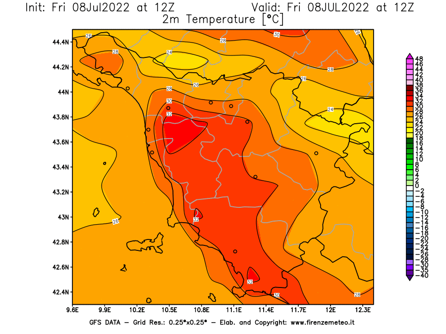Mappa di analisi GFS - Temperatura a 2 metri dal suolo [°C] in Toscana
							del 08/07/2022 12 <!--googleoff: index-->UTC<!--googleon: index-->
