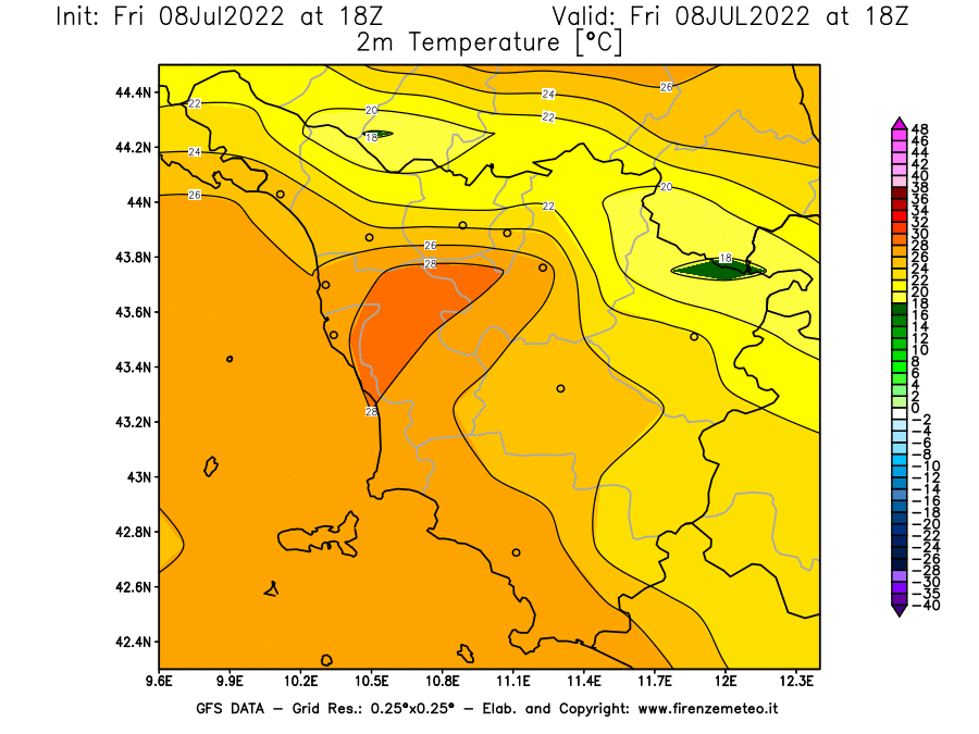 Mappa di analisi GFS - Temperatura a 2 metri dal suolo [°C] in Toscana
							del 08/07/2022 18 <!--googleoff: index-->UTC<!--googleon: index-->