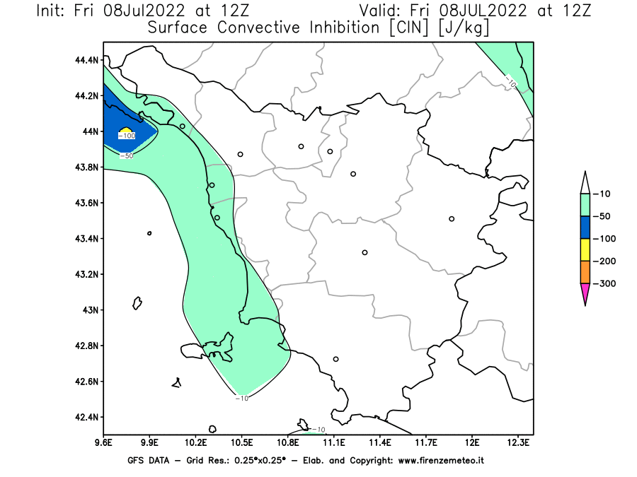 Mappa di analisi GFS - CIN [J/kg] in Toscana
							del 08/07/2022 12 <!--googleoff: index-->UTC<!--googleon: index-->