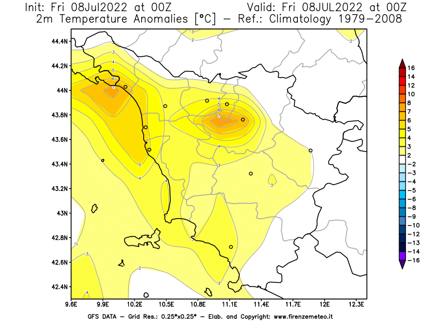 Mappa di analisi GFS - Anomalia Temperatura [°C] a 2 m in Toscana
							del 08/07/2022 00 <!--googleoff: index-->UTC<!--googleon: index-->