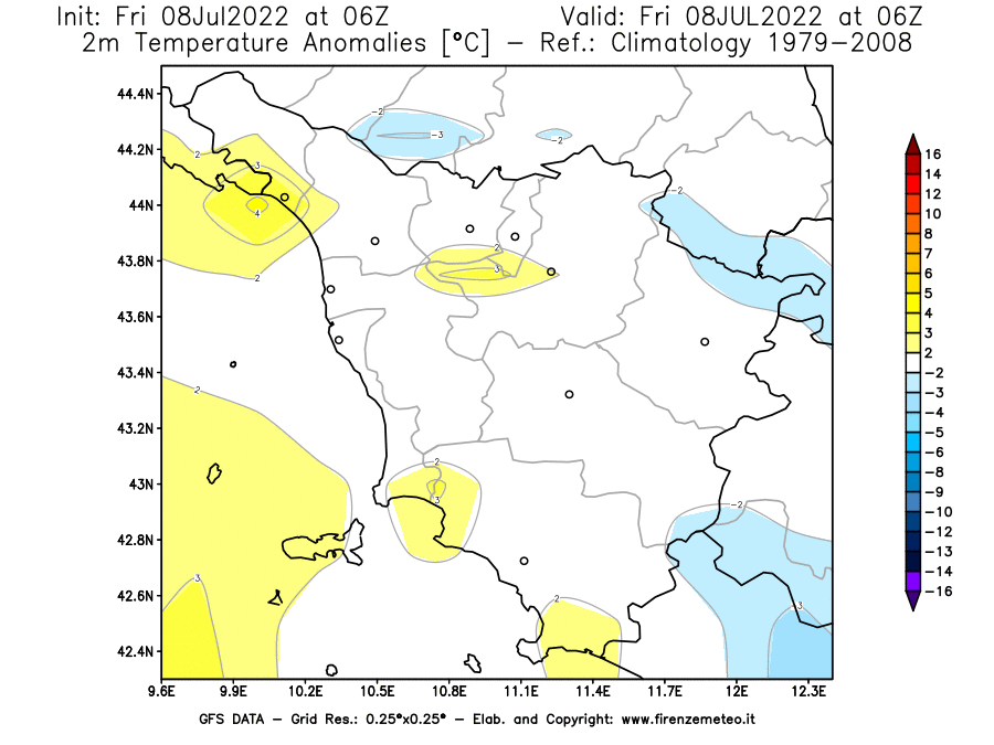 Mappa di analisi GFS - Anomalia Temperatura [°C] a 2 m in Toscana
							del 08/07/2022 06 <!--googleoff: index-->UTC<!--googleon: index-->