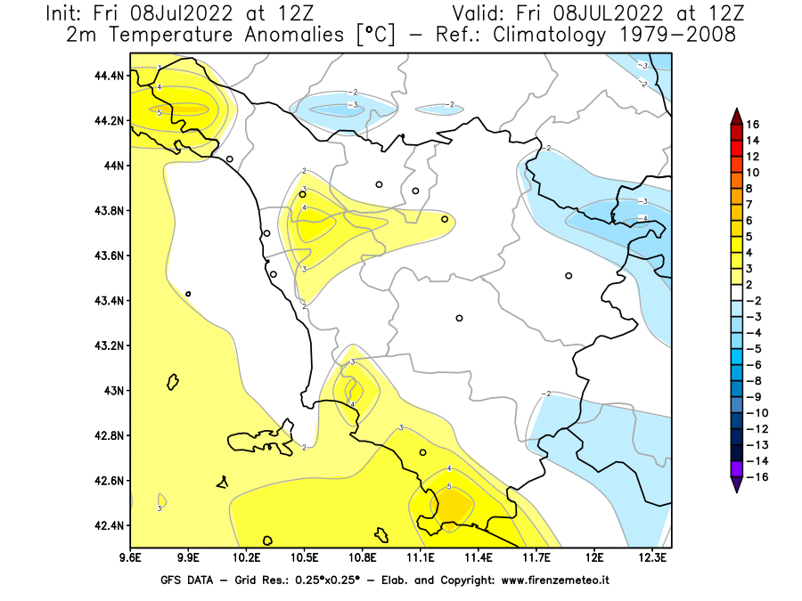 Mappa di analisi GFS - Anomalia Temperatura [°C] a 2 m in Toscana
							del 08/07/2022 12 <!--googleoff: index-->UTC<!--googleon: index-->