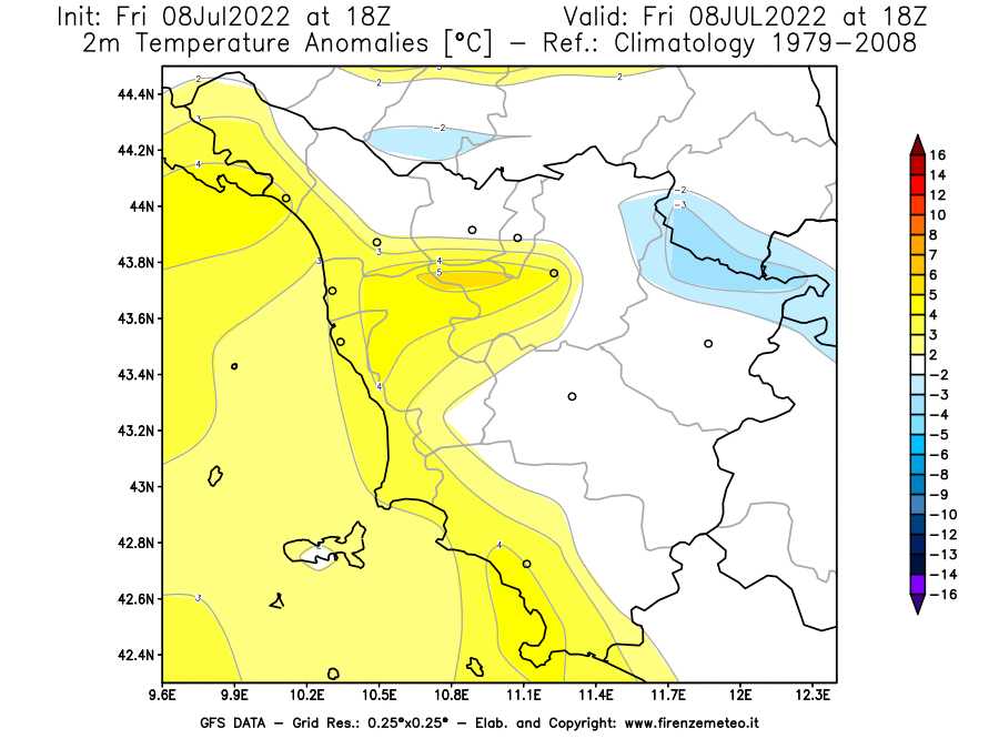 Mappa di analisi GFS - Anomalia Temperatura [°C] a 2 m in Toscana
							del 08/07/2022 18 <!--googleoff: index-->UTC<!--googleon: index-->