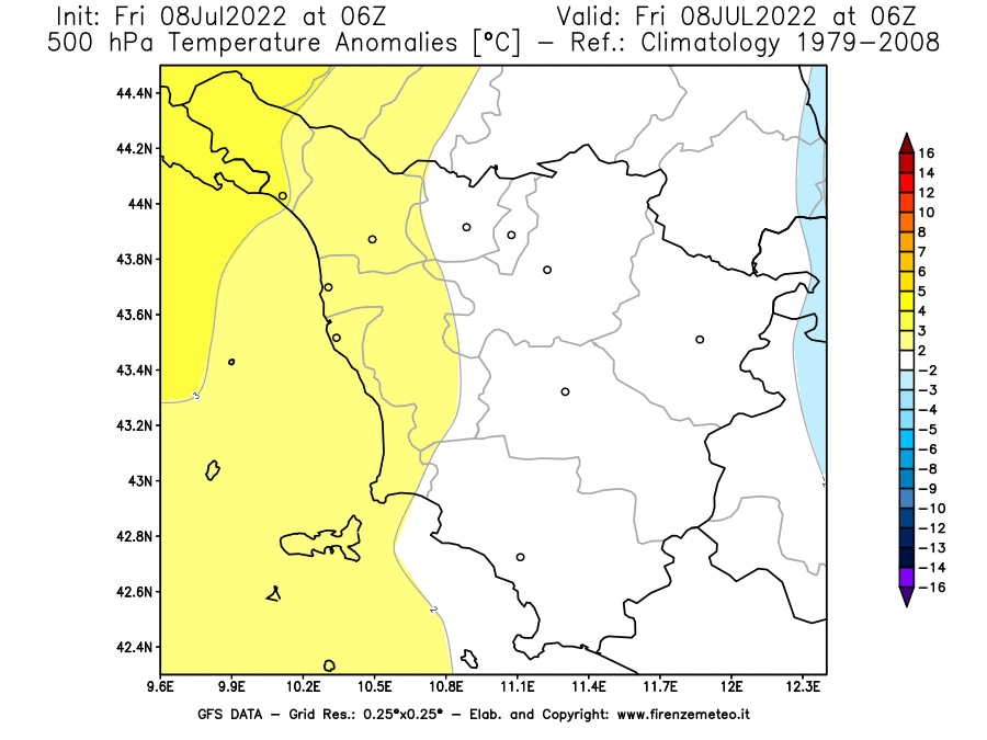 Mappa di analisi GFS - Anomalia Temperatura [°C] a 500 hPa in Toscana
							del 08/07/2022 06 <!--googleoff: index-->UTC<!--googleon: index-->