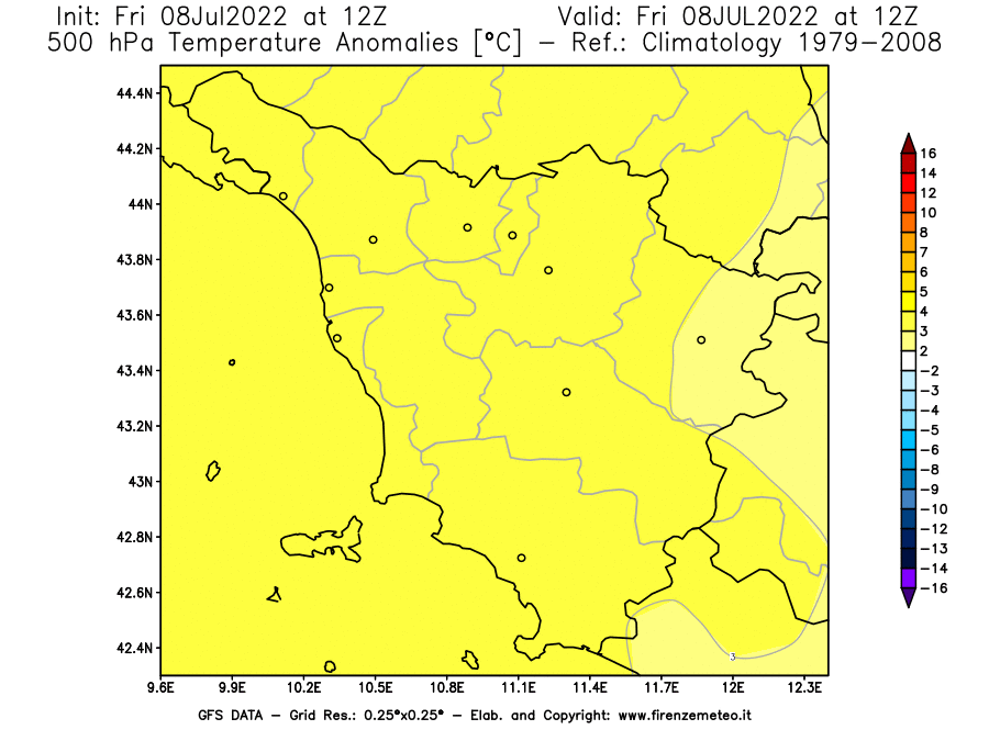 Mappa di analisi GFS - Anomalia Temperatura [°C] a 500 hPa in Toscana
							del 08/07/2022 12 <!--googleoff: index-->UTC<!--googleon: index-->