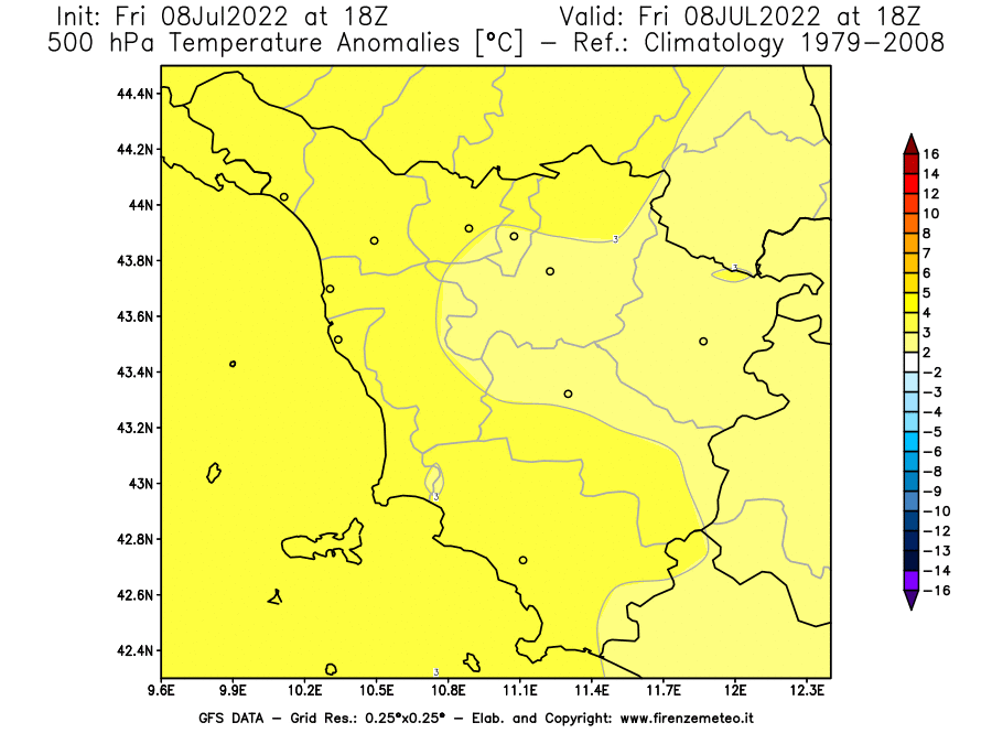Mappa di analisi GFS - Anomalia Temperatura [°C] a 500 hPa in Toscana
							del 08/07/2022 18 <!--googleoff: index-->UTC<!--googleon: index-->