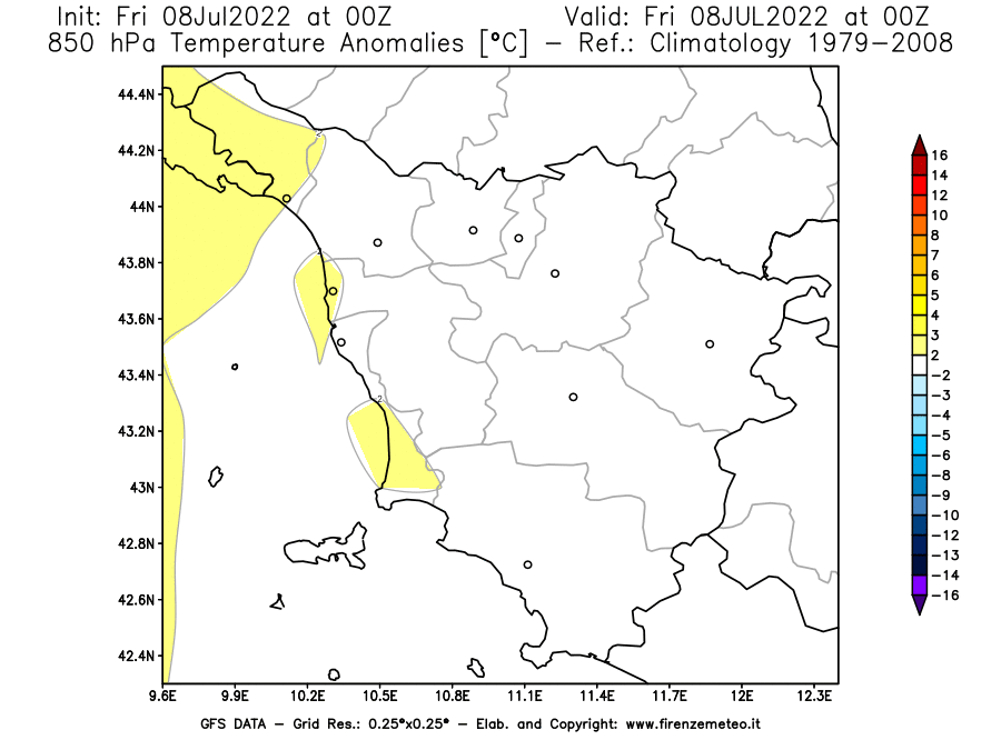Mappa di analisi GFS - Anomalia Temperatura [°C] a 850 hPa in Toscana
							del 08/07/2022 00 <!--googleoff: index-->UTC<!--googleon: index-->