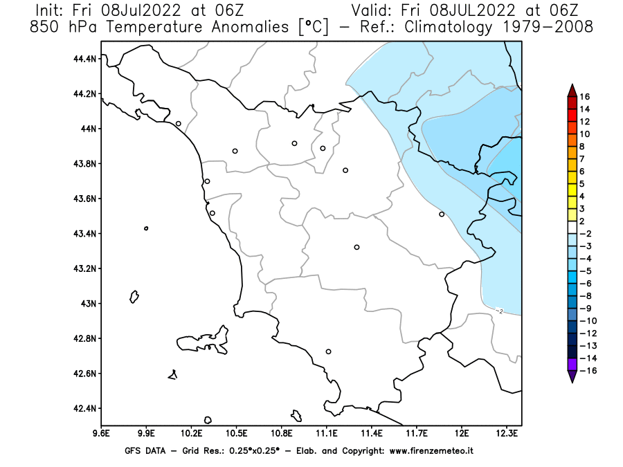Mappa di analisi GFS - Anomalia Temperatura [°C] a 850 hPa in Toscana
							del 08/07/2022 06 <!--googleoff: index-->UTC<!--googleon: index-->