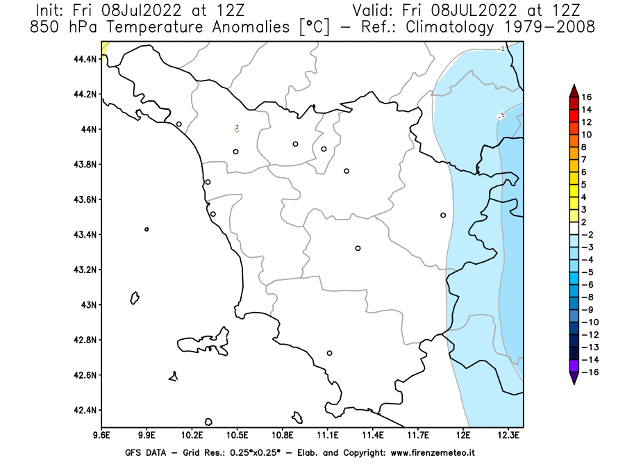 Mappa di analisi GFS - Anomalia Temperatura [°C] a 850 hPa in Toscana
							del 08/07/2022 12 <!--googleoff: index-->UTC<!--googleon: index-->