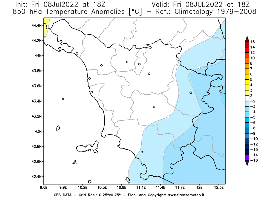 Mappa di analisi GFS - Anomalia Temperatura [°C] a 850 hPa in Toscana
							del 08/07/2022 18 <!--googleoff: index-->UTC<!--googleon: index-->