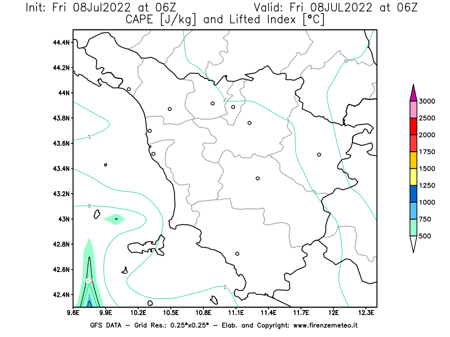 Mappa di analisi GFS - CAPE [J/kg] e Lifted Index [°C] in Toscana
							del 08/07/2022 06 <!--googleoff: index-->UTC<!--googleon: index-->