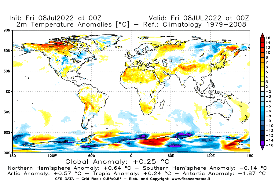 Mappa di analisi GFS - Anomalia Temperatura [°C] a 2 m in World
							del 08/07/2022 00 <!--googleoff: index-->UTC<!--googleon: index-->