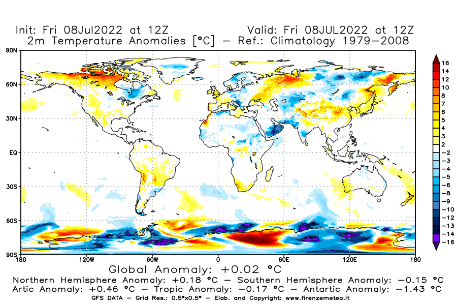 Mappa di analisi GFS - Anomalia Temperatura [°C] a 2 m in World
							del 08/07/2022 12 <!--googleoff: index-->UTC<!--googleon: index-->