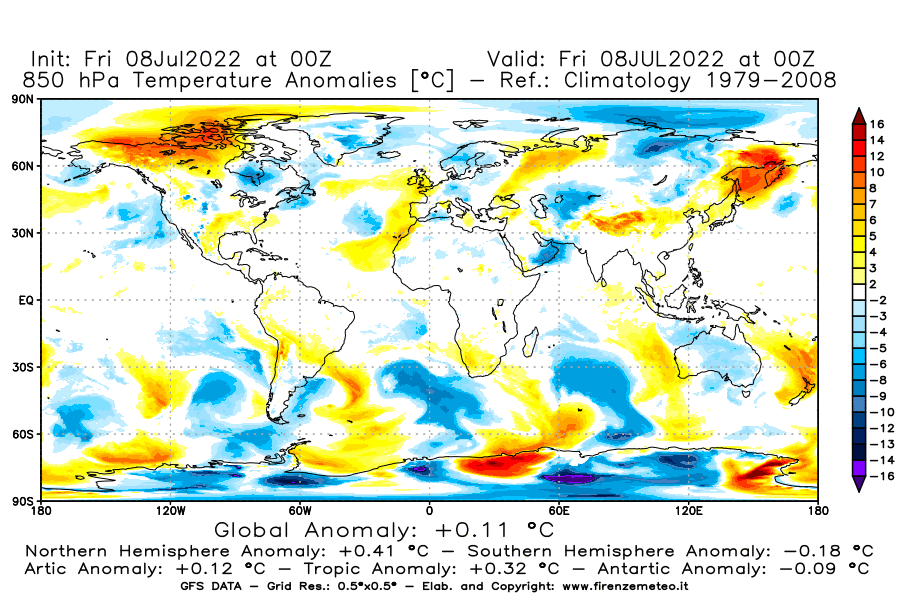 Mappa di analisi GFS - Anomalia Temperatura [°C] a 850 hPa in World
							del 08/07/2022 00 <!--googleoff: index-->UTC<!--googleon: index-->