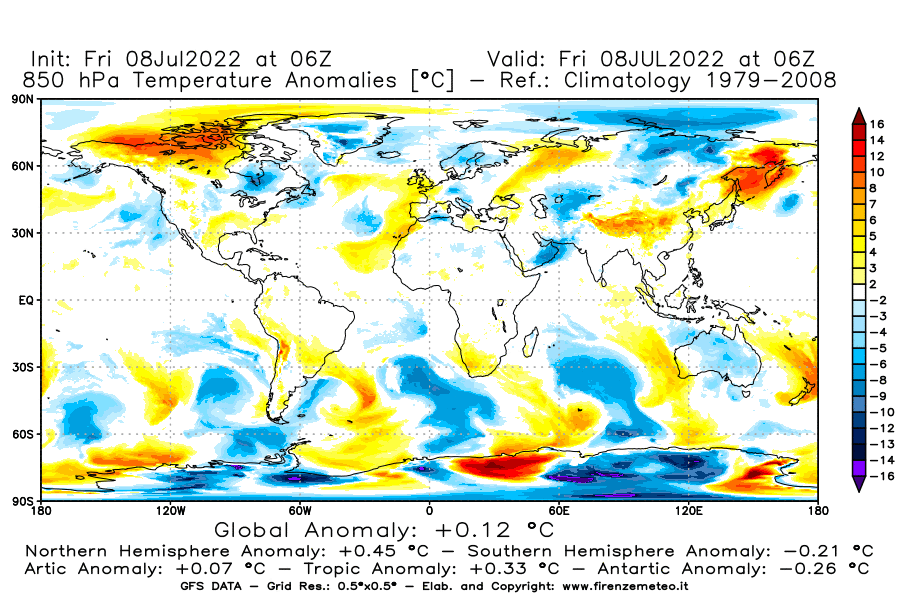 Mappa di analisi GFS - Anomalia Temperatura [°C] a 850 hPa in World
							del 08/07/2022 06 <!--googleoff: index-->UTC<!--googleon: index-->