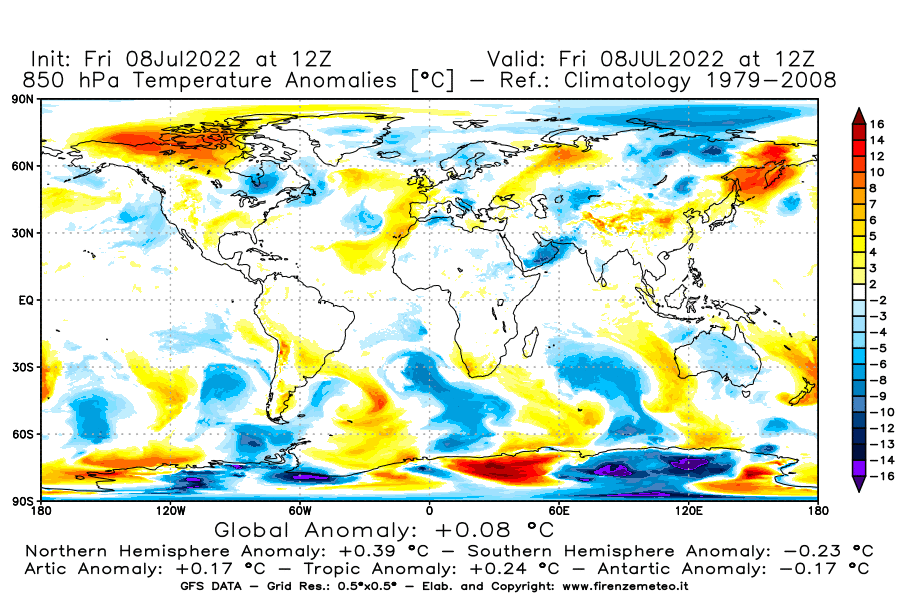 Mappa di analisi GFS - Anomalia Temperatura [°C] a 850 hPa in World
							del 08/07/2022 12 <!--googleoff: index-->UTC<!--googleon: index-->