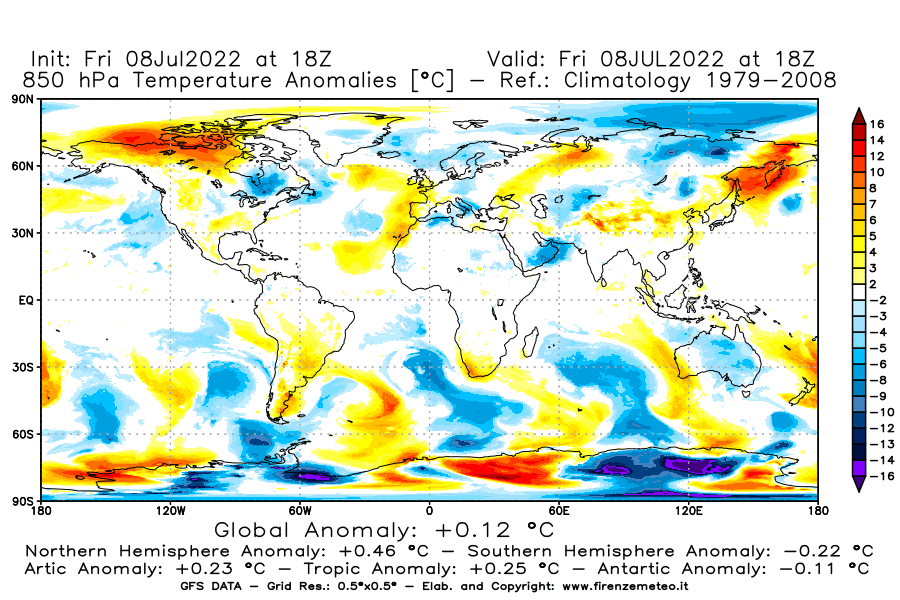 Mappa di analisi GFS - Anomalia Temperatura [°C] a 850 hPa in World
							del 08/07/2022 18 <!--googleoff: index-->UTC<!--googleon: index-->