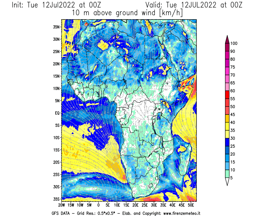 GFS analysi map - Wind Speed at 10 m above ground [km/h] in Africa
									on 12/07/2022 00 <!--googleoff: index-->UTC<!--googleon: index-->