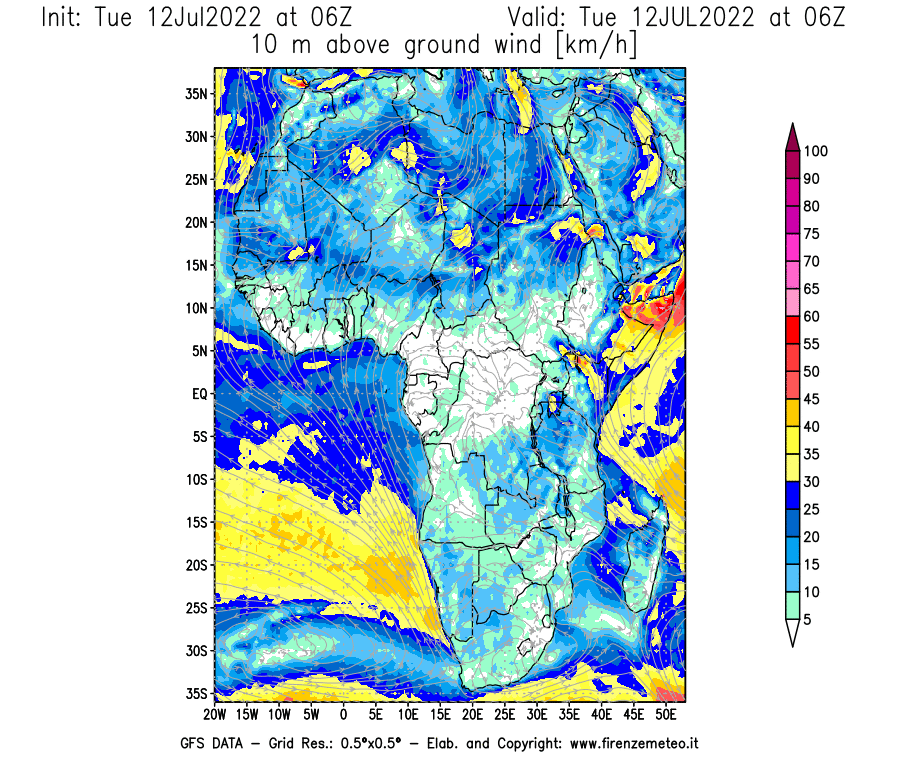 GFS analysi map - Wind Speed at 10 m above ground [km/h] in Africa
									on 12/07/2022 06 <!--googleoff: index-->UTC<!--googleon: index-->
