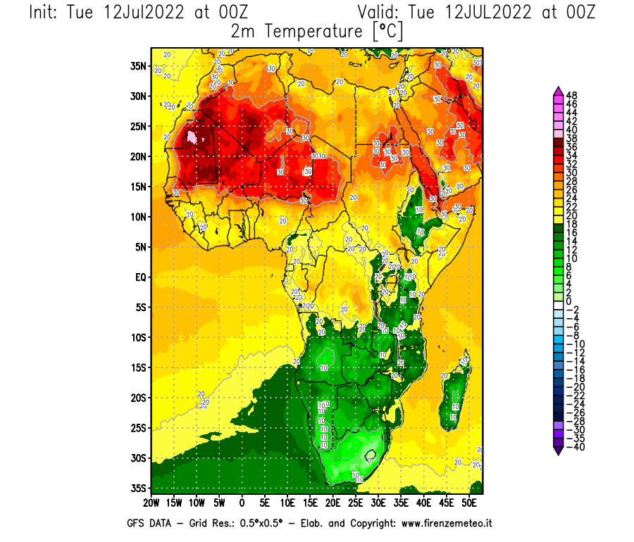 GFS analysi map - Temperature at 2 m above ground [°C] in Africa
									on 12/07/2022 00 <!--googleoff: index-->UTC<!--googleon: index-->