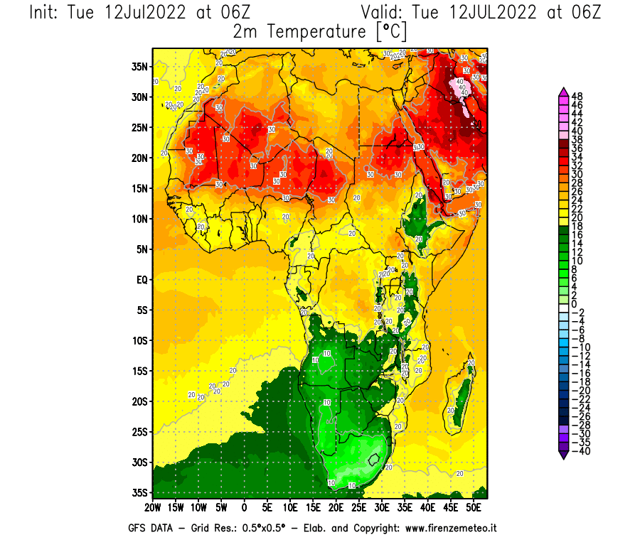 GFS analysi map - Temperature at 2 m above ground [°C] in Africa
									on 12/07/2022 06 <!--googleoff: index-->UTC<!--googleon: index-->