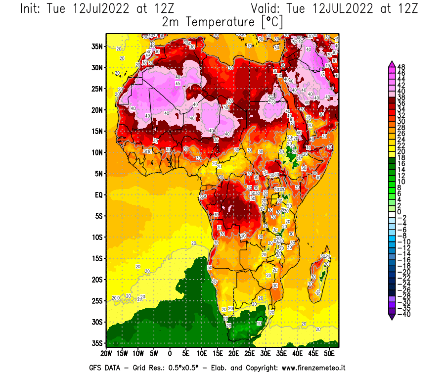 GFS analysi map - Temperature at 2 m above ground [°C] in Africa
									on 12/07/2022 12 <!--googleoff: index-->UTC<!--googleon: index-->