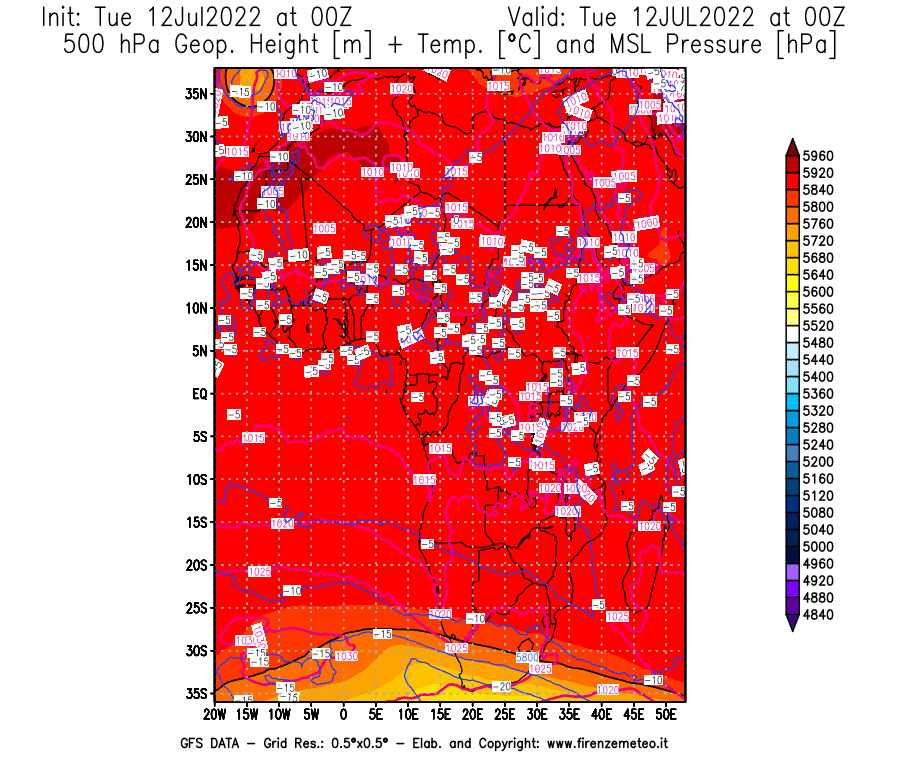 GFS analysi map - Geopotential [m] + Temp. [°C] at 500 hPa + Sea Level Pressure [hPa] in Africa
									on 12/07/2022 00 <!--googleoff: index-->UTC<!--googleon: index-->