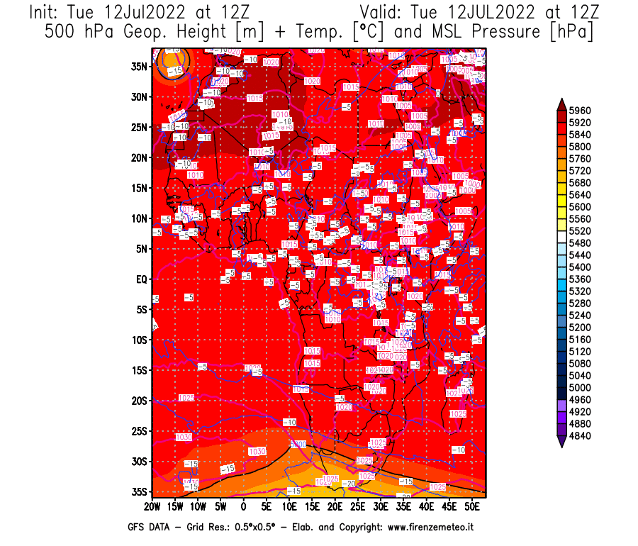 GFS analysi map - Geopotential [m] + Temp. [°C] at 500 hPa + Sea Level Pressure [hPa] in Africa
									on 12/07/2022 12 <!--googleoff: index-->UTC<!--googleon: index-->