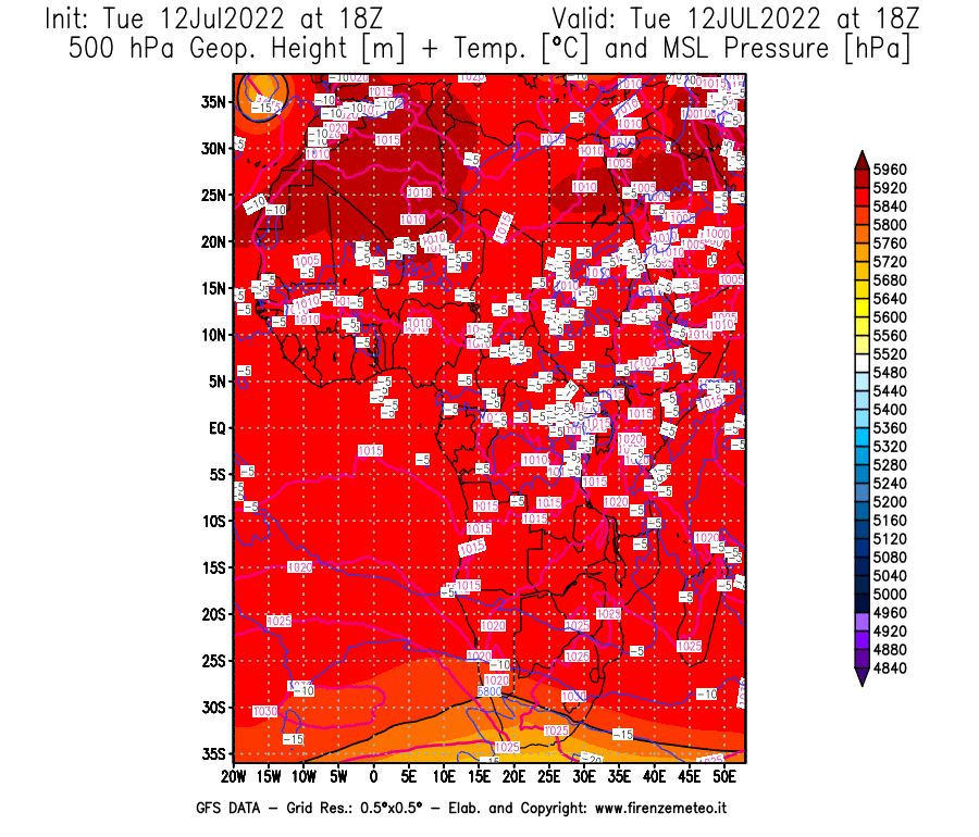 GFS analysi map - Geopotential [m] + Temp. [°C] at 500 hPa + Sea Level Pressure [hPa] in Africa
									on 12/07/2022 18 <!--googleoff: index-->UTC<!--googleon: index-->