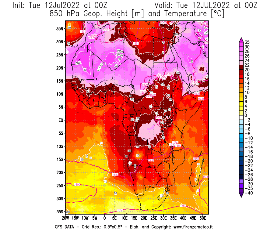 GFS analysi map - Geopotential [m] and Temperature [°C] at 850 hPa in Africa
									on 12/07/2022 00 <!--googleoff: index-->UTC<!--googleon: index-->
