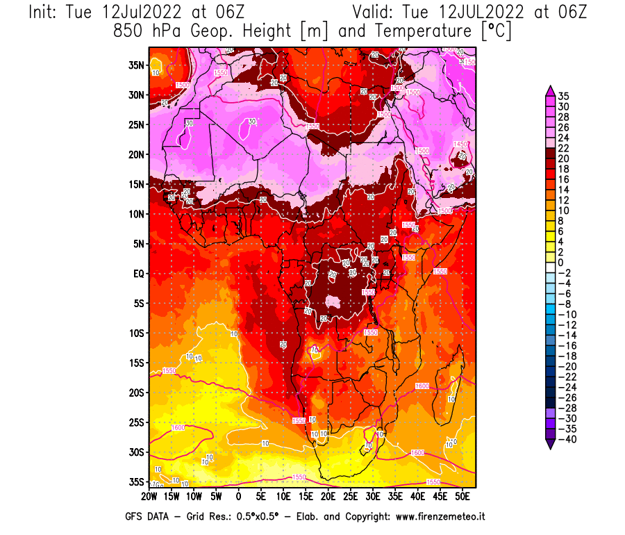 GFS analysi map - Geopotential [m] and Temperature [°C] at 850 hPa in Africa
									on 12/07/2022 06 <!--googleoff: index-->UTC<!--googleon: index-->