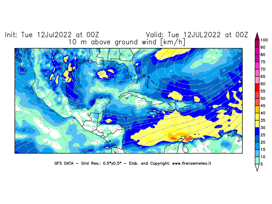 GFS analysi map - Wind Speed at 10 m above ground [km/h] in Central America
									on 12/07/2022 00 <!--googleoff: index-->UTC<!--googleon: index-->