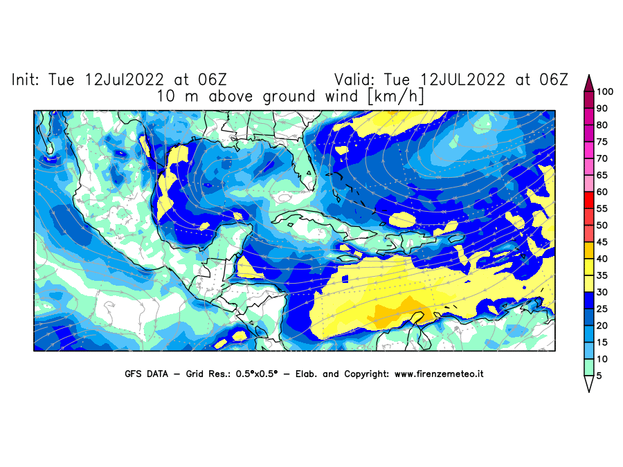 GFS analysi map - Wind Speed at 10 m above ground [km/h] in Central America
									on 12/07/2022 06 <!--googleoff: index-->UTC<!--googleon: index-->