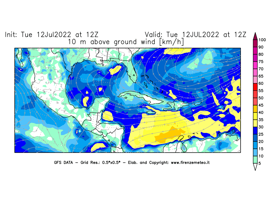 GFS analysi map - Wind Speed at 10 m above ground [km/h] in Central America
									on 12/07/2022 12 <!--googleoff: index-->UTC<!--googleon: index-->