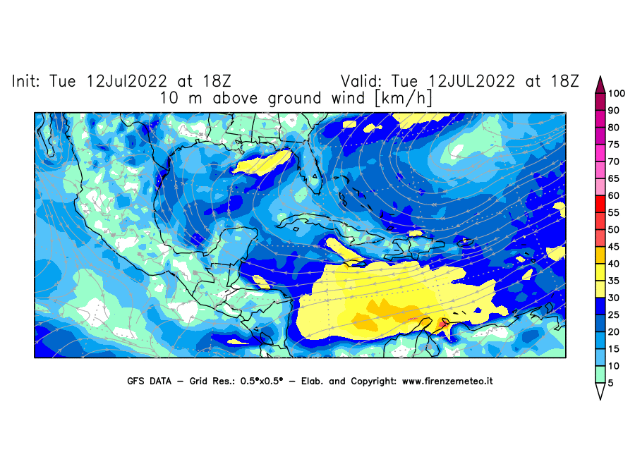GFS analysi map - Wind Speed at 10 m above ground [km/h] in Central America
									on 12/07/2022 18 <!--googleoff: index-->UTC<!--googleon: index-->
