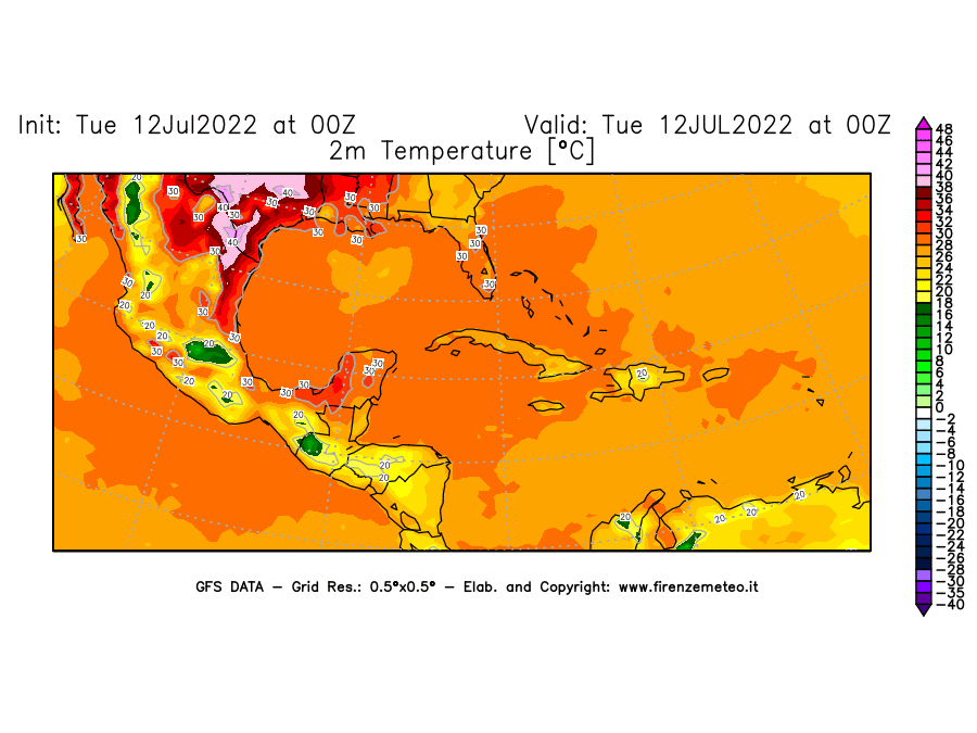 GFS analysi map - Temperature at 2 m above ground [°C] in Central America
									on 12/07/2022 00 <!--googleoff: index-->UTC<!--googleon: index-->