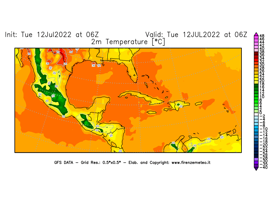 GFS analysi map - Temperature at 2 m above ground [°C] in Central America
									on 12/07/2022 06 <!--googleoff: index-->UTC<!--googleon: index-->