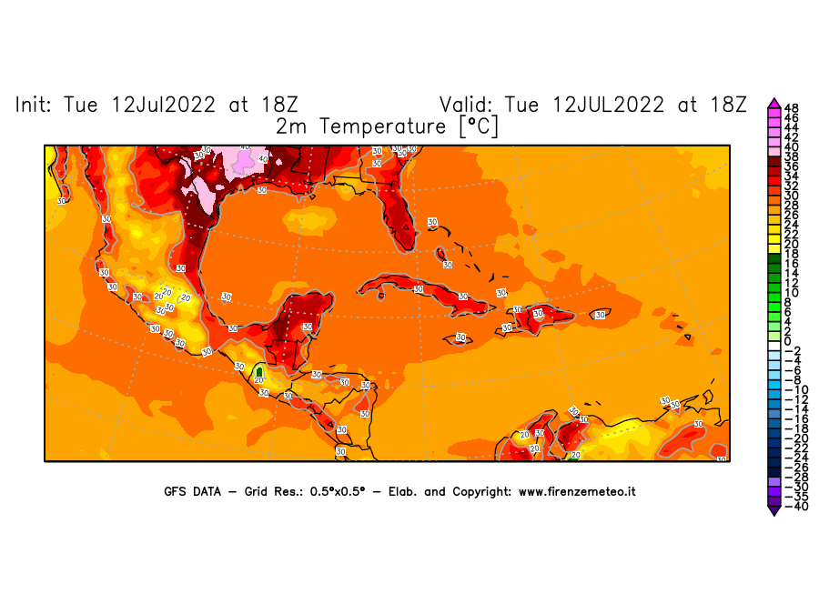 GFS analysi map - Temperature at 2 m above ground [°C] in Central America
									on 12/07/2022 18 <!--googleoff: index-->UTC<!--googleon: index-->