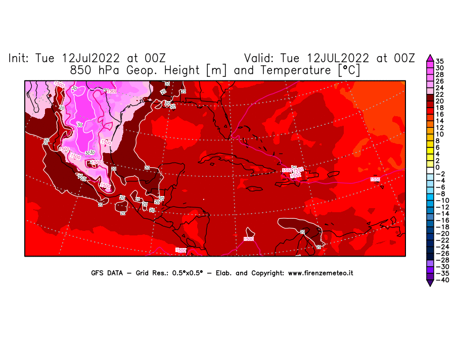 GFS analysi map - Geopotential [m] and Temperature [°C] at 850 hPa in Central America
									on 12/07/2022 00 <!--googleoff: index-->UTC<!--googleon: index-->