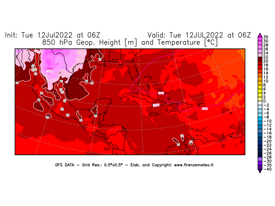 GFS analysi map - Geopotential [m] and Temperature [°C] at 850 hPa in Central America
									on 12/07/2022 06 <!--googleoff: index-->UTC<!--googleon: index-->