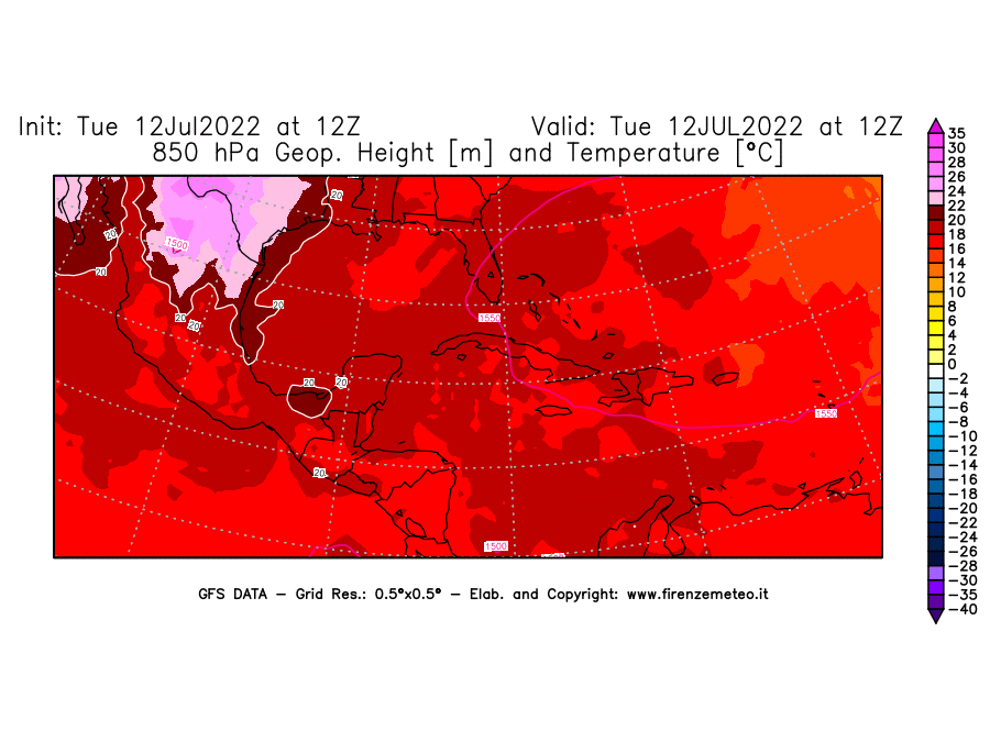 GFS analysi map - Geopotential [m] and Temperature [°C] at 850 hPa in Central America
									on 12/07/2022 12 <!--googleoff: index-->UTC<!--googleon: index-->