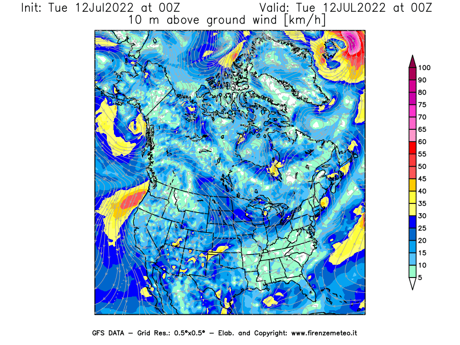 GFS analysi map - Wind Speed at 10 m above ground [km/h] in North America
									on 12/07/2022 00 <!--googleoff: index-->UTC<!--googleon: index-->