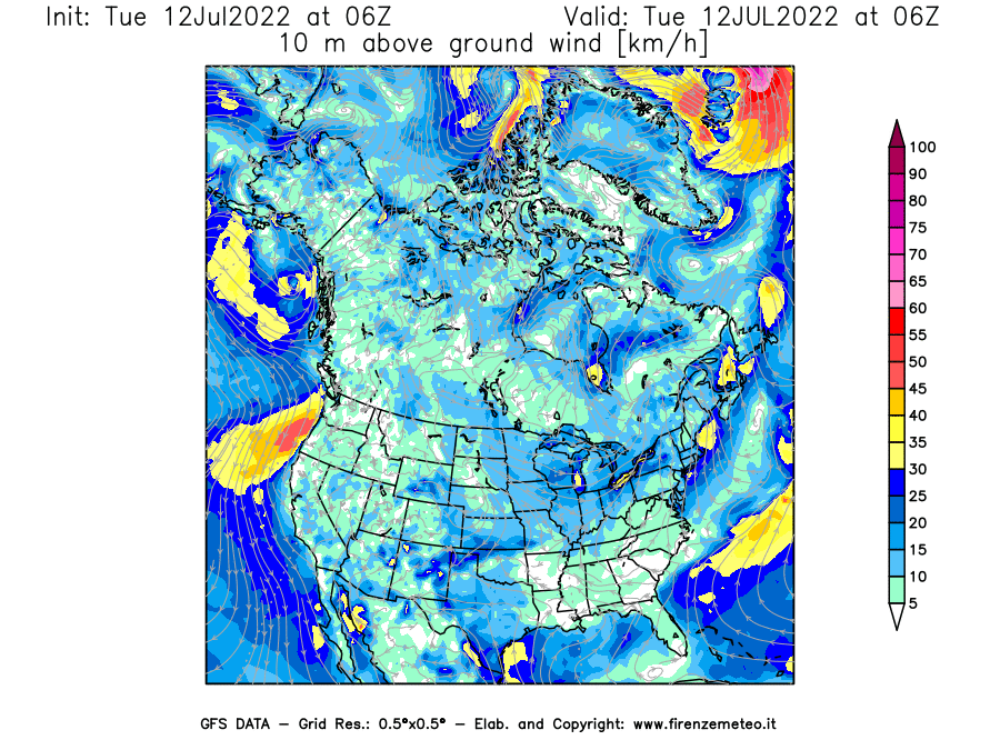 GFS analysi map - Wind Speed at 10 m above ground [km/h] in North America
									on 12/07/2022 06 <!--googleoff: index-->UTC<!--googleon: index-->