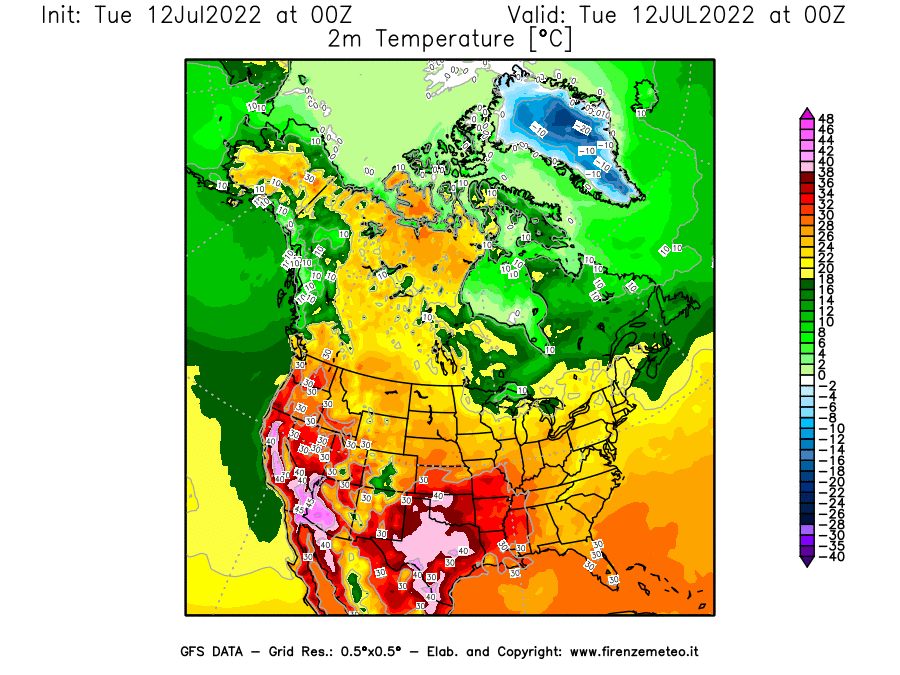 GFS analysi map - Temperature at 2 m above ground [°C] in North America
									on 12/07/2022 00 <!--googleoff: index-->UTC<!--googleon: index-->