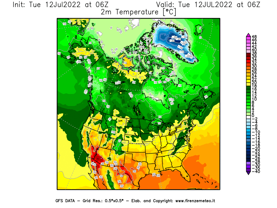 GFS analysi map - Temperature at 2 m above ground [°C] in North America
									on 12/07/2022 06 <!--googleoff: index-->UTC<!--googleon: index-->