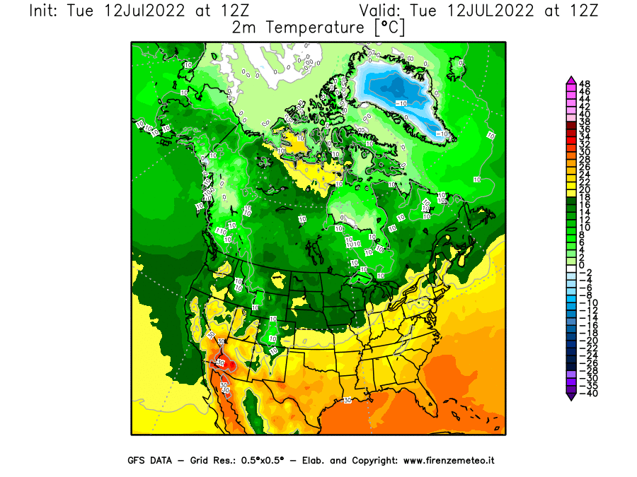 GFS analysi map - Temperature at 2 m above ground [°C] in North America
									on 12/07/2022 12 <!--googleoff: index-->UTC<!--googleon: index-->