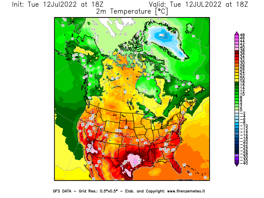 GFS analysi map - Temperature at 2 m above ground [°C] in North America
									on 12/07/2022 18 <!--googleoff: index-->UTC<!--googleon: index-->